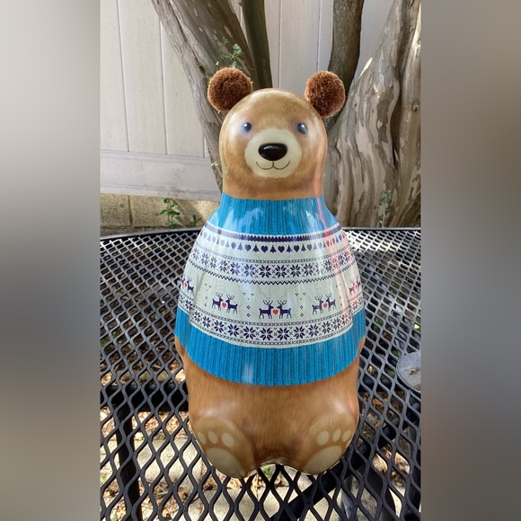 Silver Crane Co Christmas Bear Tin Blue Reindeer Sweater Pom Pom Ears 10 inches - Picture 1 of 11